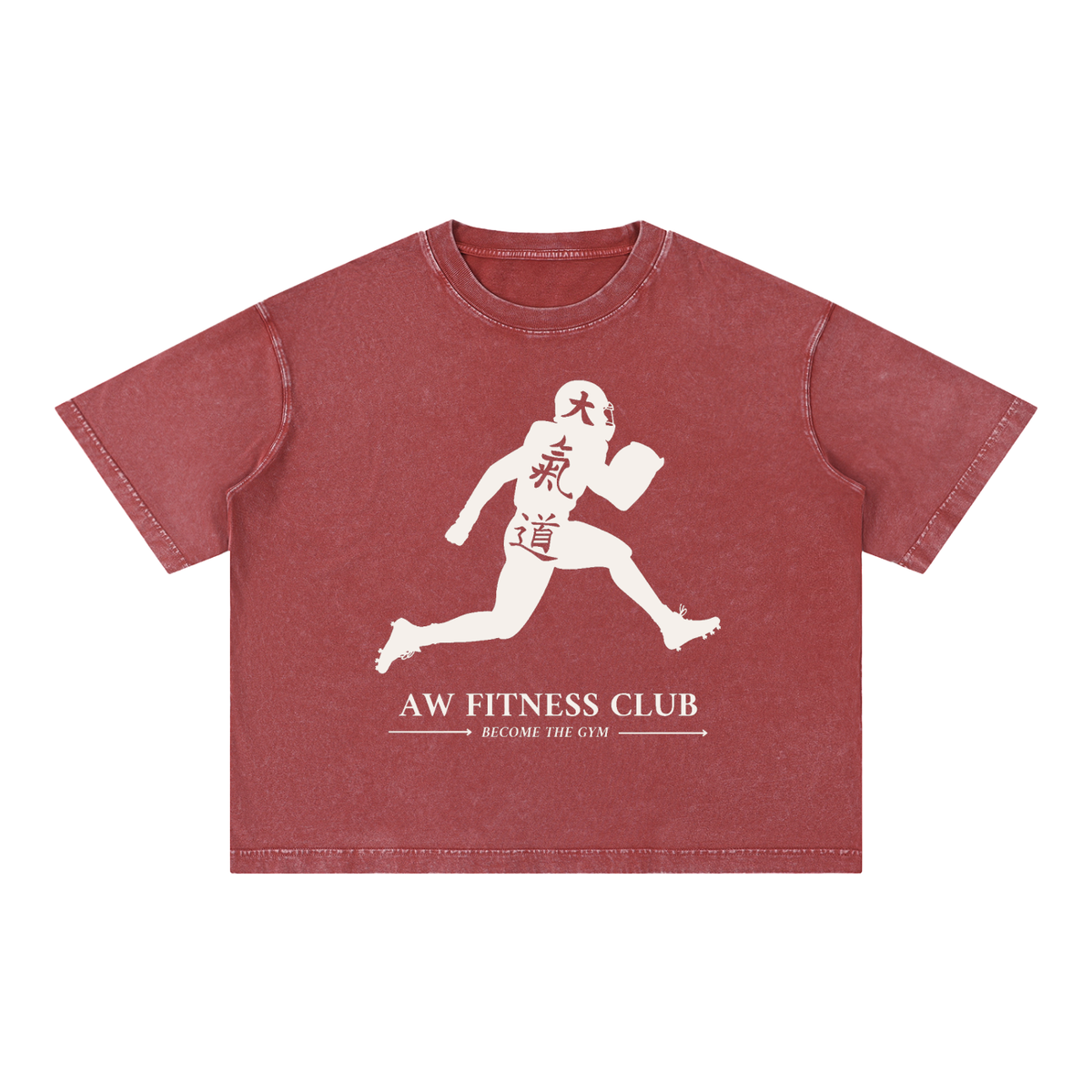 Runningman boxy tee in Brick, front, AW Fitness Club runner lockup with the Become the Gym tagline