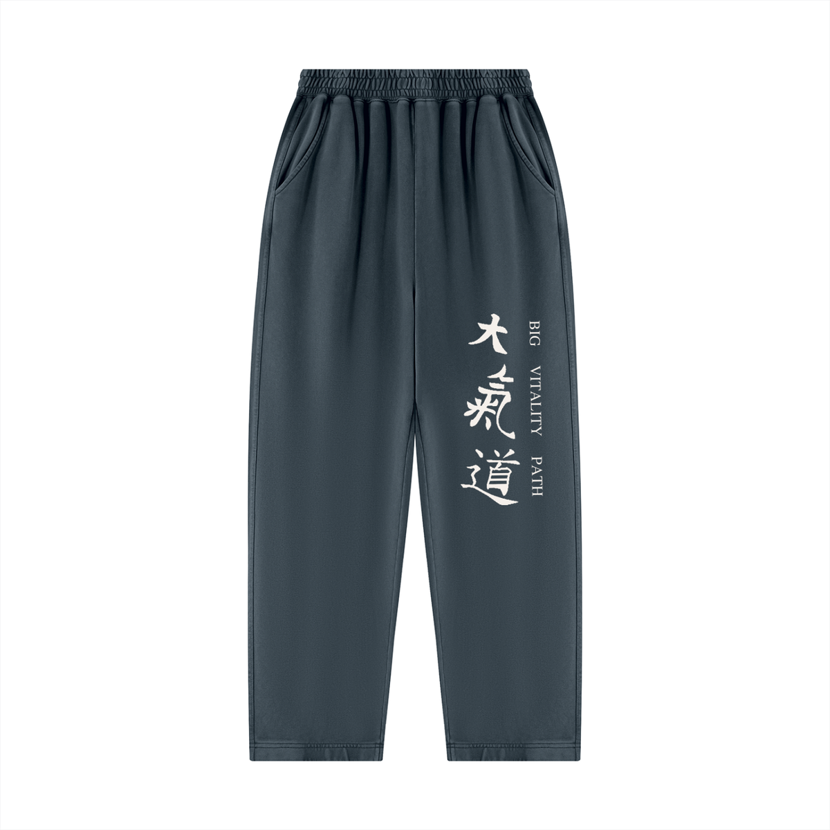 Runningman mineral wash sweatpants in Navy, front, Dai Ki Do kanji with the Big Vitality Path translation down the right leg