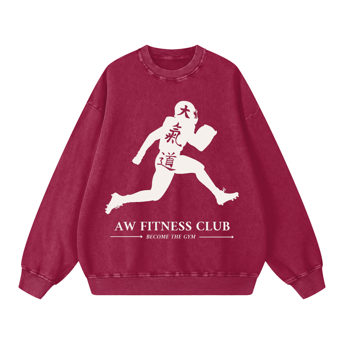 Runningman snow wash sweatshirt in Burgundy, front, AW Fitness Club runner lockup with the Become the Gym tagline