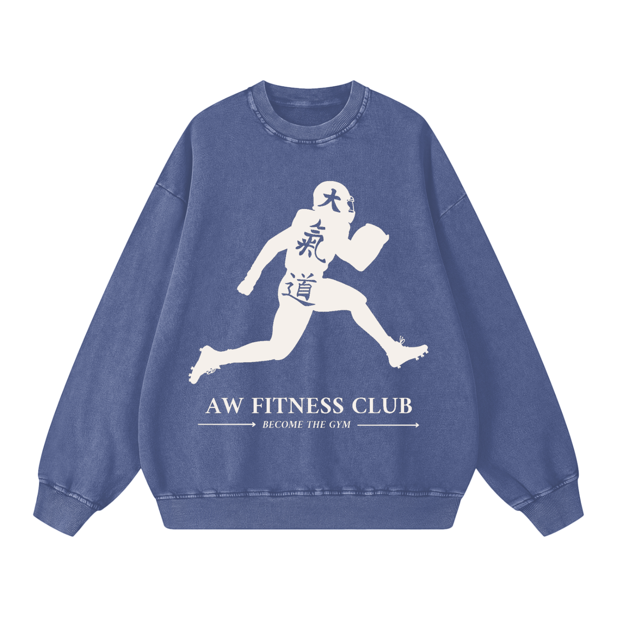 Runningman snow wash sweatshirt in Indigo, front, AW Fitness Club runner lockup with the Become the Gym tagline