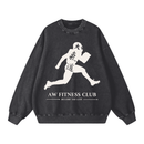 Runningman snow wash sweatshirt in Black, front, AW Fitness Club runner lockup with the Become the Gym tagline