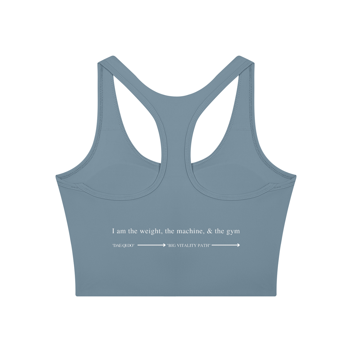 AW color block crop top in Gray Blue with Navy Blue, back, I am the weight, the machine, and the gym above the Dae-Qi-Do line