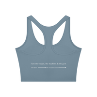 AW color block crop top in Gray Blue with Navy Blue, back, I am the weight, the machine, and the gym above the Dae-Qi-Do line