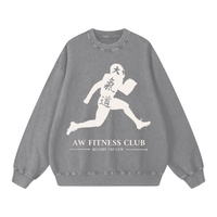 Runningman snow wash sweatshirt in Gray, front, AW Fitness Club runner lockup with the Become the Gym tagline