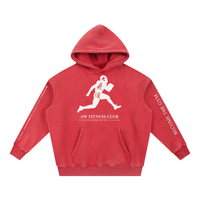 Runningman Snow Wash Hoodie in Red, front, Runningman figure with the Daeqido characters 大氣道 on the chest over AW Fitness Club and Become the Gym, sleeve bands reading Become the Gym and Dae-Qi-Do to Big Vitality Path with the arrows pointing up