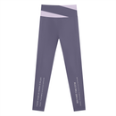 AW color block leggings in Deep Purple with Light Purple, back, I am the weight line up the left leg and Become the Gym up the right
