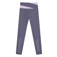 AW color block leggings in Deep Purple with Light Purple, back, I am the weight line up the left leg and Become the Gym up the right