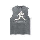 Runningman frayed hem tank in Dark Gray, front, AW Fitness Club runner lockup with the Become the Gym tagline