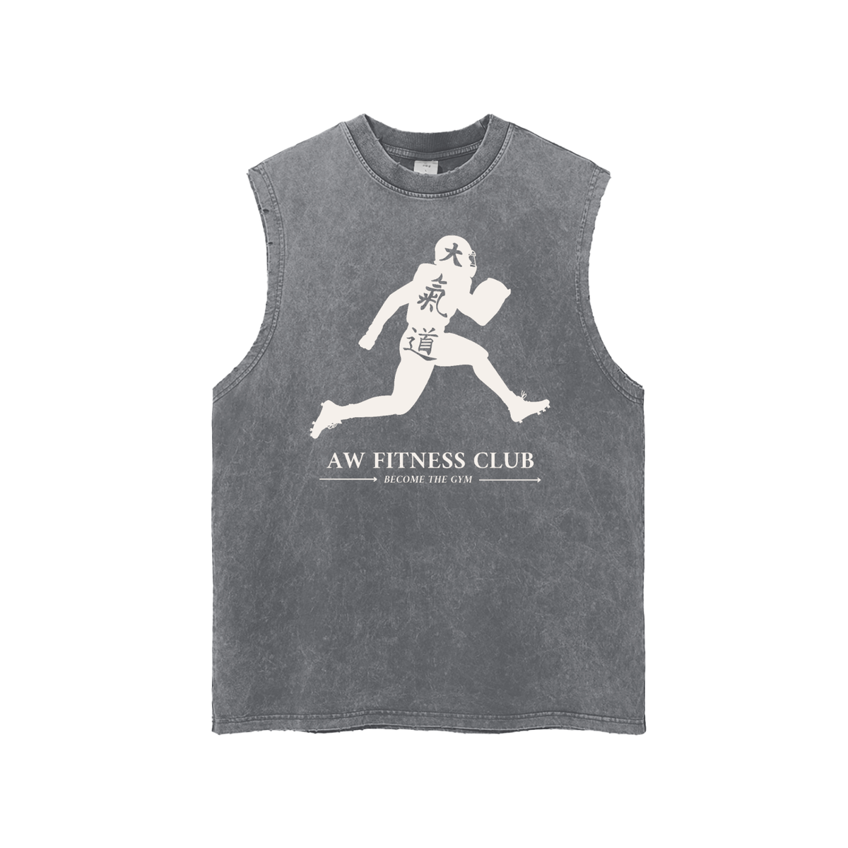 Runningman frayed hem tank in Dark Gray, front, AW Fitness Club runner lockup with the Become the Gym tagline