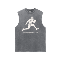 Runningman frayed hem tank in Dark Gray, front, AW Fitness Club runner lockup with the Become the Gym tagline