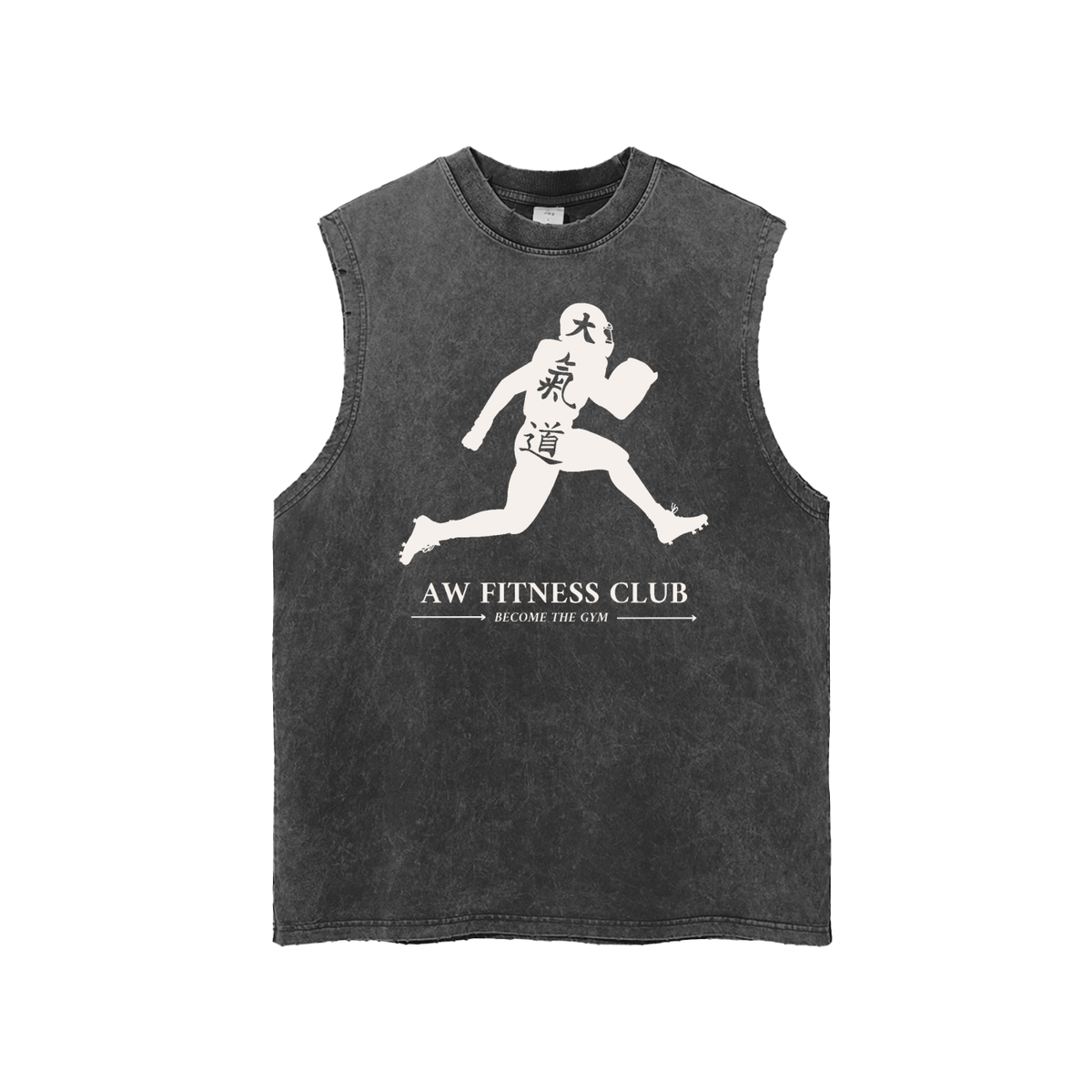 Runningman frayed hem tank in Black, front, AW Fitness Club runner lockup with the Become the Gym tagline