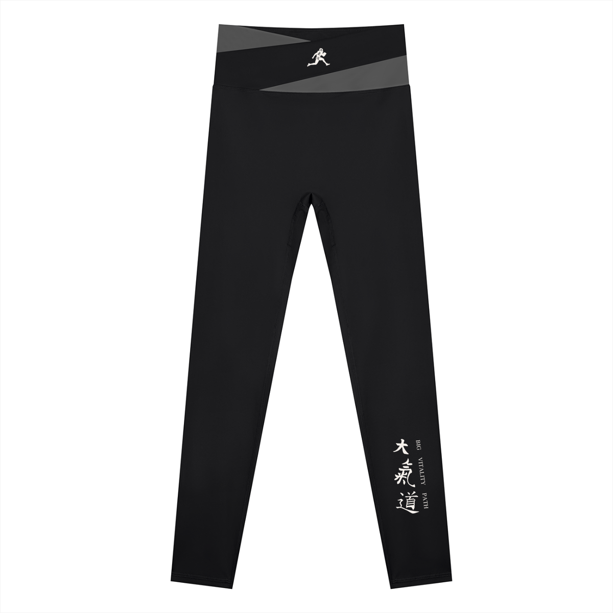 AW color block leggings in Black with Dark Gray, front, runner mark at the waistband and Dai Ki Do kanji on the right leg