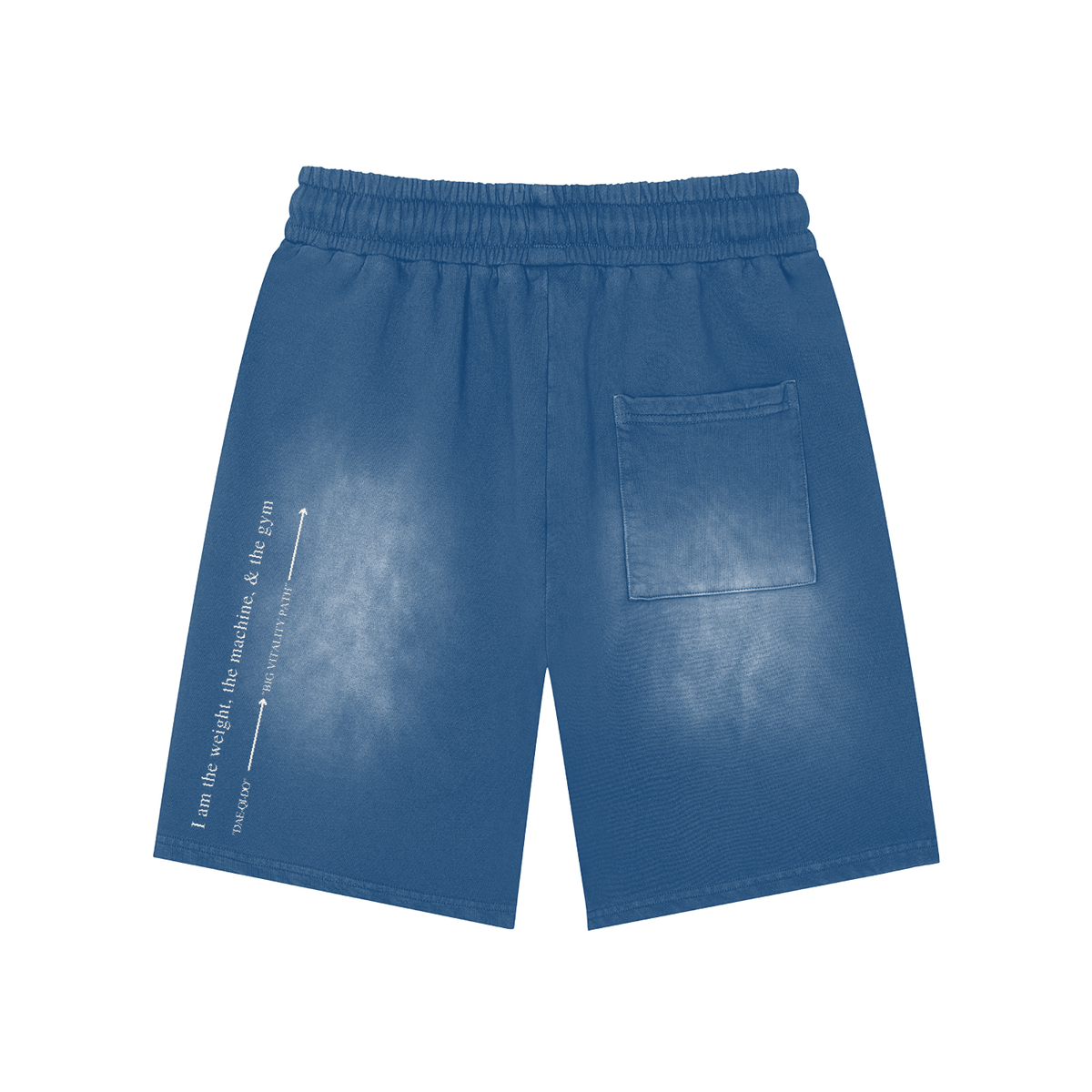 Runningman washed training shorts in Blue, back, I am the weight, the machine, and the gym printed up the left leg