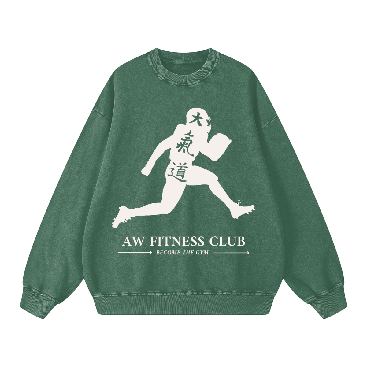 Runningman snow wash sweatshirt in Forest, front, AW Fitness Club runner lockup with the Become the Gym tagline