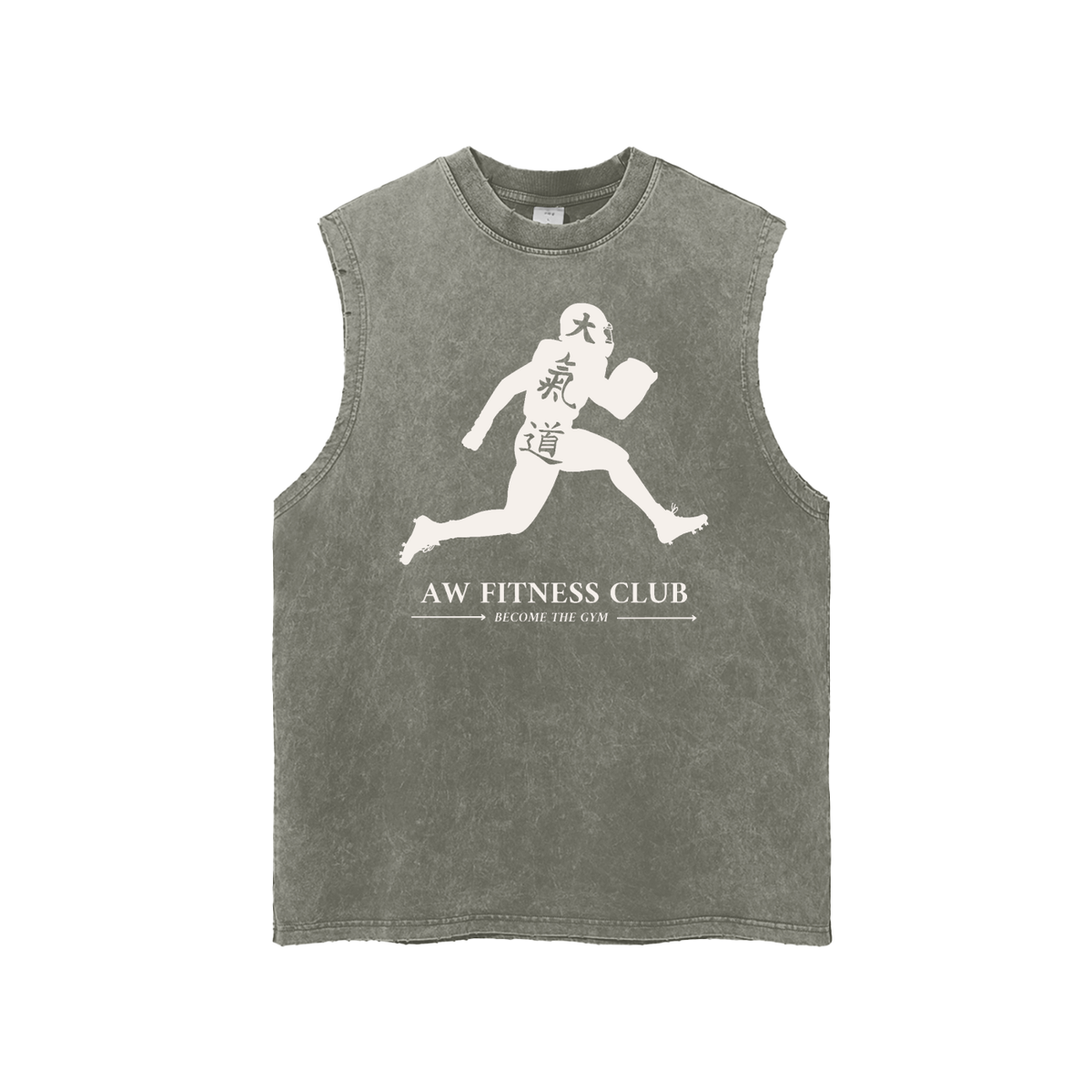 Runningman frayed hem tank in Gray Green, front, AW Fitness Club runner lockup with the Become the Gym tagline