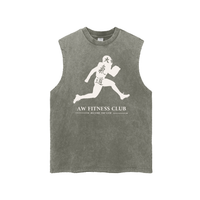 Runningman frayed hem tank in Gray Green, front, AW Fitness Club runner lockup with the Become the Gym tagline