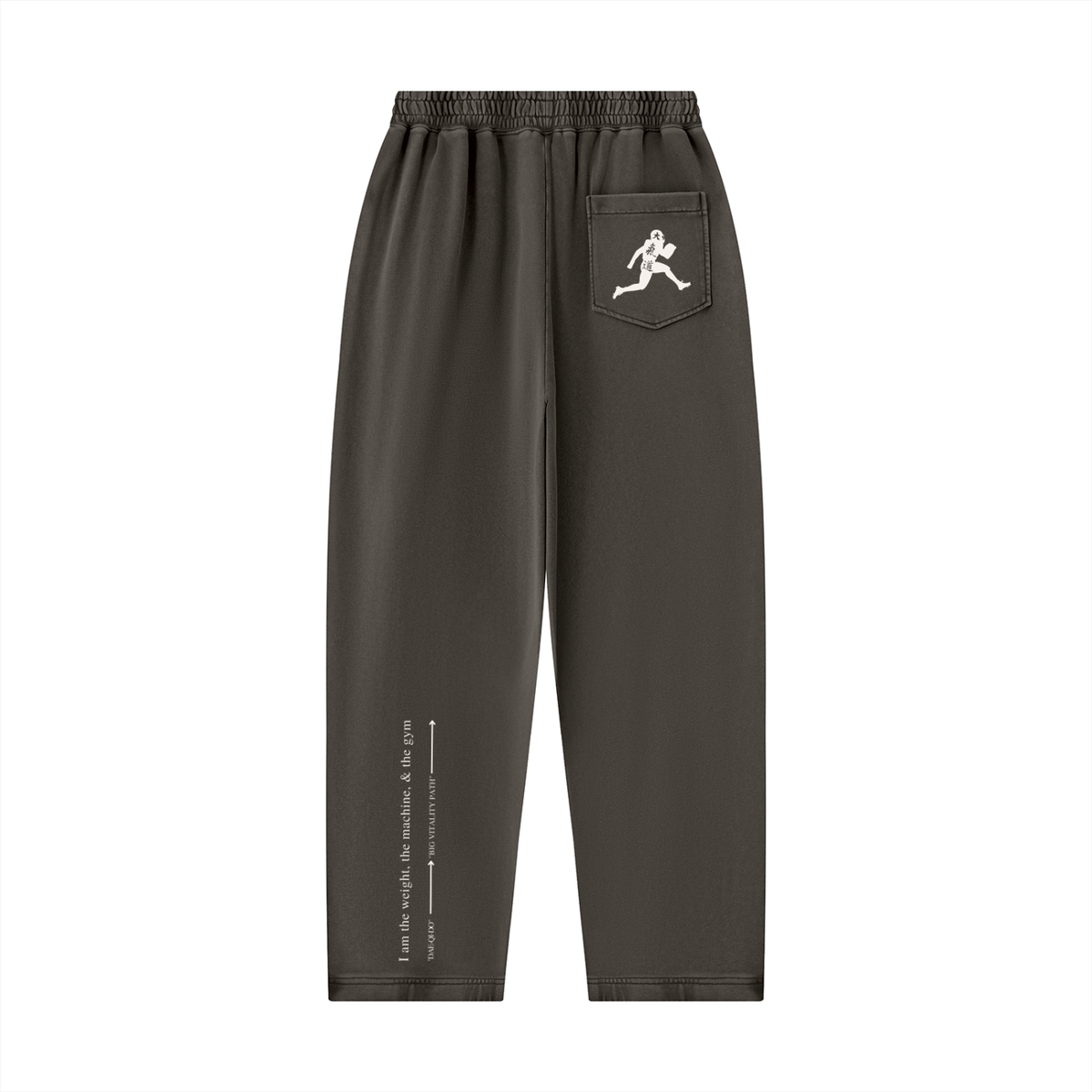 Runningman mineral wash sweatpants in Coffee, back, runner mark on the pocket and the I am the weight line up the left leg