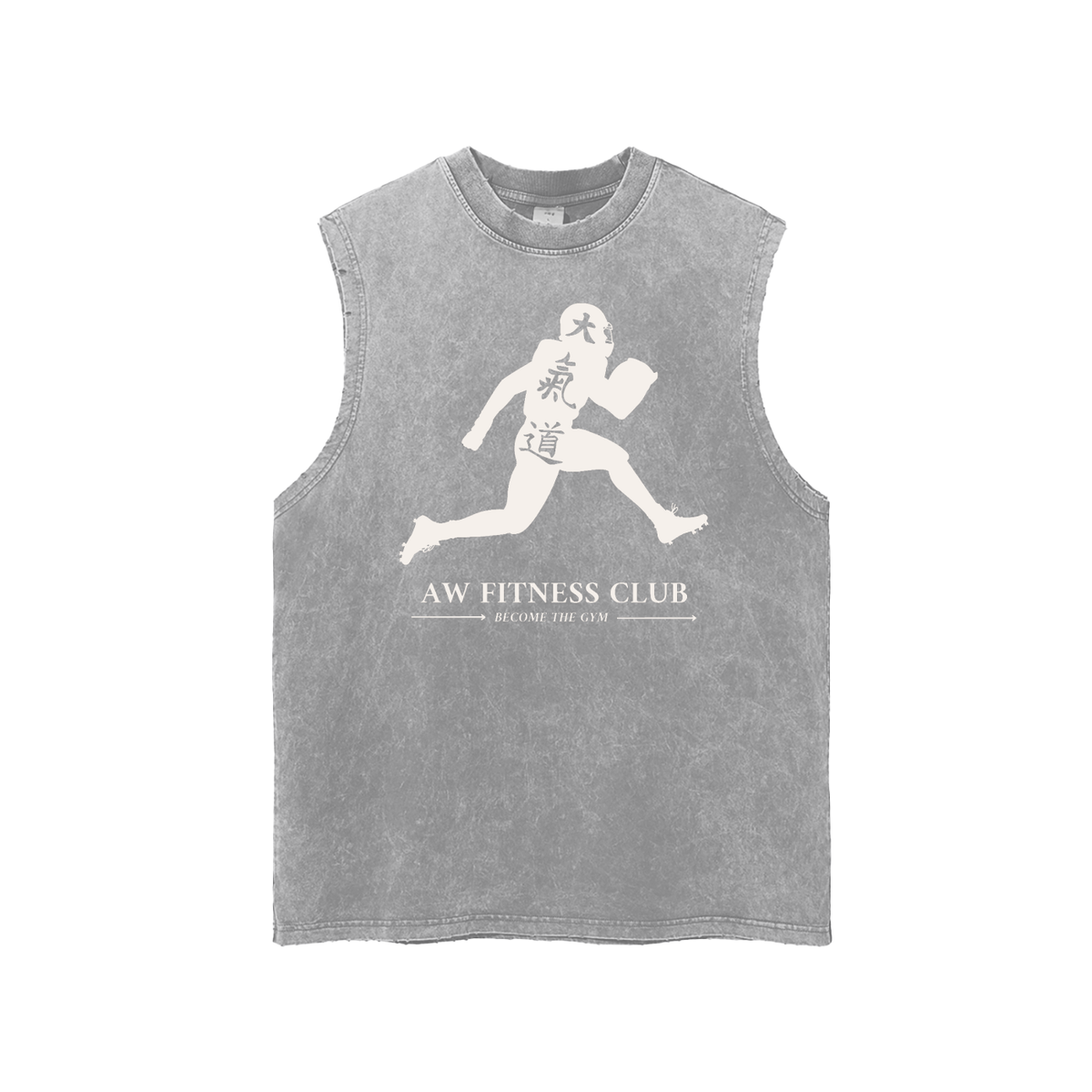 Runningman frayed hem tank in Light Gray, front, AW Fitness Club runner lockup with the Become the Gym tagline