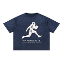 Runningman boxy tee in Navy, front, AW Fitness Club runner lockup with the Become the Gym tagline