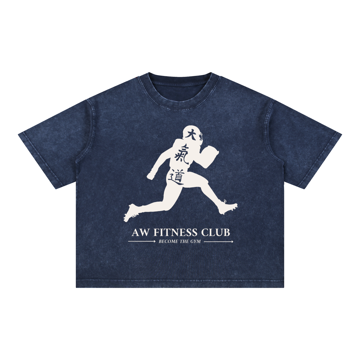 Runningman boxy tee in Navy, front, AW Fitness Club runner lockup with the Become the Gym tagline