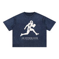 Runningman boxy tee in Navy, front, AW Fitness Club runner lockup with the Become the Gym tagline
