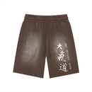 Runningman washed training shorts in Brown, front, Dai Ki Do kanji with the Big Vitality Path translation printed down the right leg