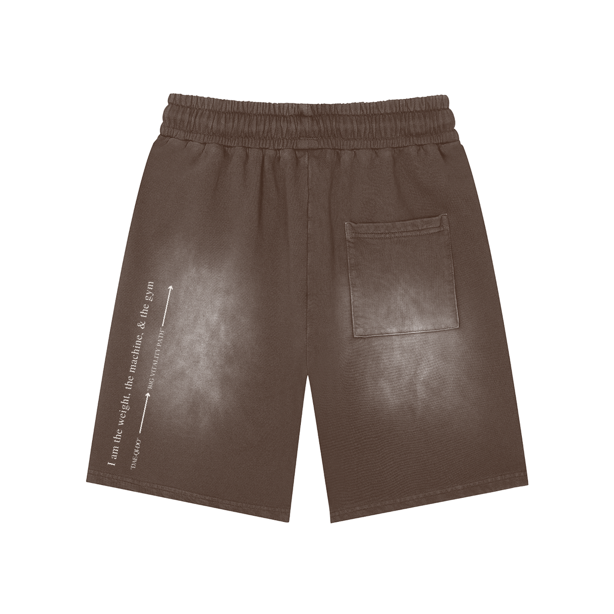 Runningman washed training shorts in Brown, back, I am the weight, the machine, and the gym printed up the left leg