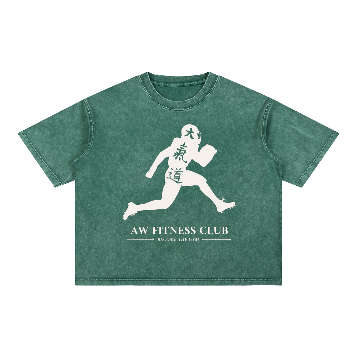 Runningman boxy tee in Forest, front, AW Fitness Club runner lockup with the Become the Gym tagline