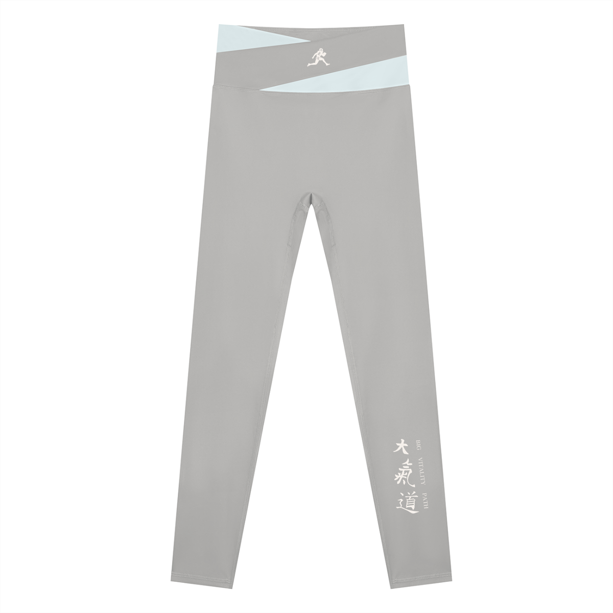 AW color block leggings in Light Gray with Light Blue, front, runner mark at the waistband and Dai Ki Do kanji on the right leg
