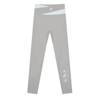 AW color block leggings in Light Gray with Light Blue, front, runner mark at the waistband and Dai Ki Do kanji on the right leg