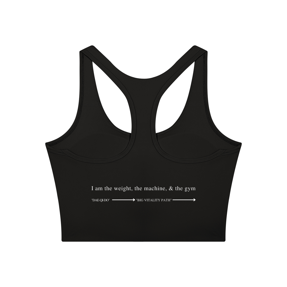 AW color block crop top in Black with Dark Gray, back, I am the weight, the machine, and the gym above the Dae-Qi-Do line