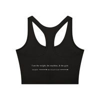 AW color block crop top in Black with Dark Gray, back, I am the weight, the machine, and the gym above the Dae-Qi-Do line