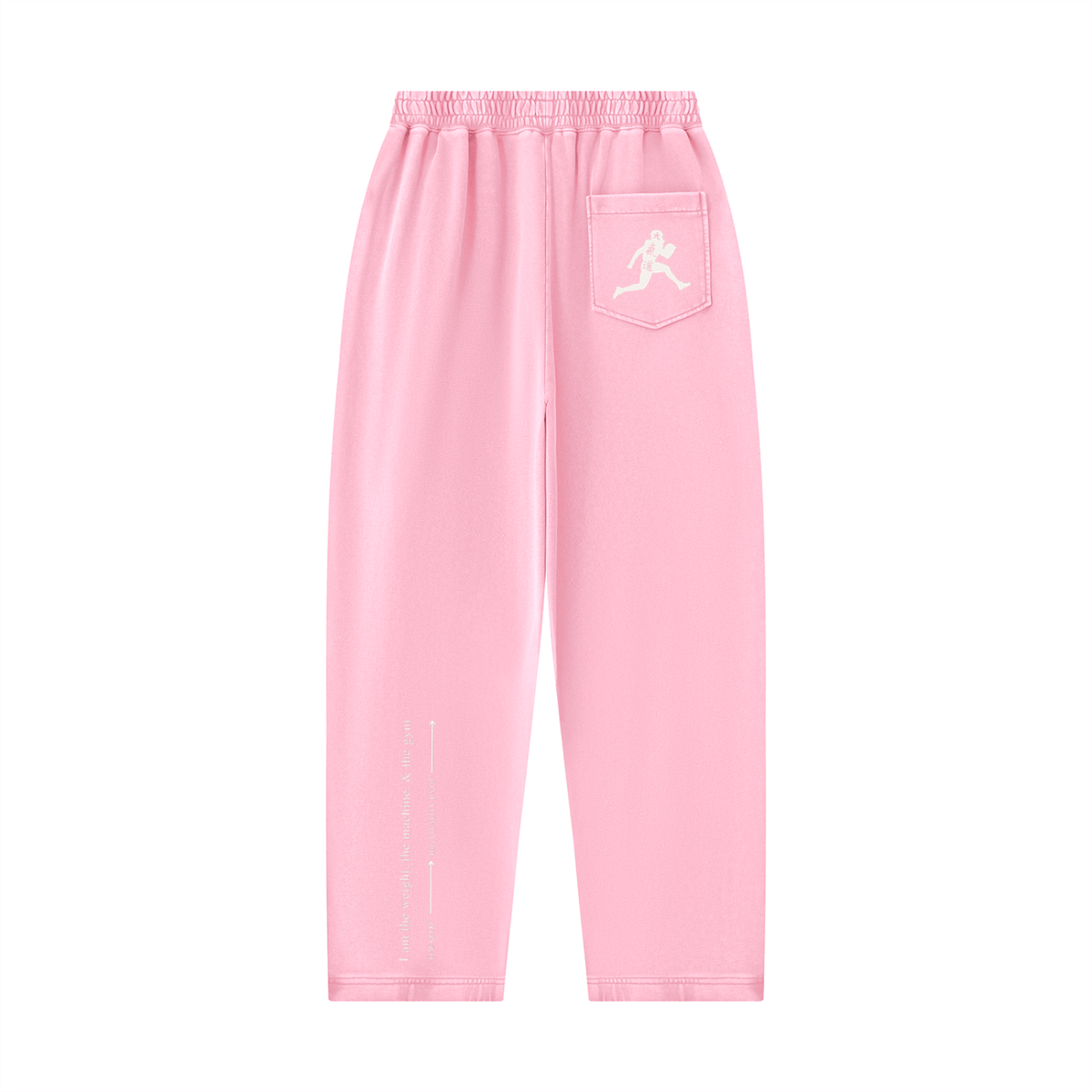 Runningman mineral wash sweatpants in Pink, back, runner mark on the pocket and the I am the weight line up the left leg