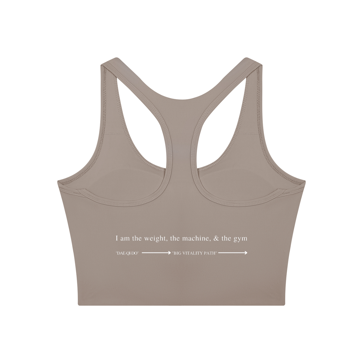 AW color block crop top in Gray Purple with Brick Red, back, I am the weight, the machine, and the gym above the Dae-Qi-Do line