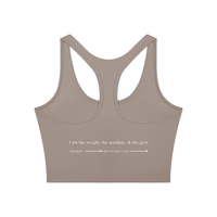 AW color block crop top in Gray Purple with Brick Red, back, I am the weight, the machine, and the gym above the Dae-Qi-Do line