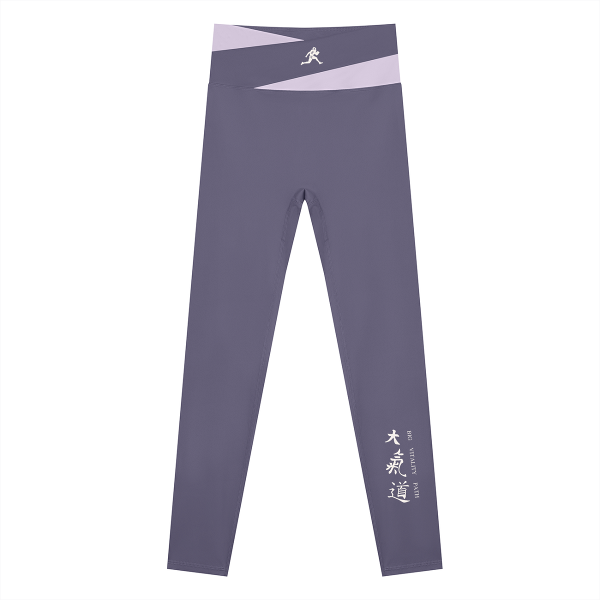 AW color block leggings in Deep Purple with Light Purple, front, runner mark at the waistband and Dai Ki Do kanji on the right leg