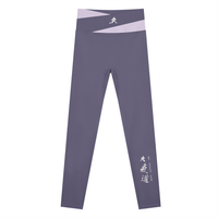 AW color block leggings in Deep Purple with Light Purple, front, runner mark at the waistband and Dai Ki Do kanji on the right leg