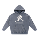 Runningman Snow Wash Hoodie in Slate, front, Runningman figure with the Daeqido characters 大氣道 on the chest over AW Fitness Club and Become the Gym, sleeve bands reading Become the Gym and Dae-Qi-Do to Big Vitality Path with the arrows pointing up
