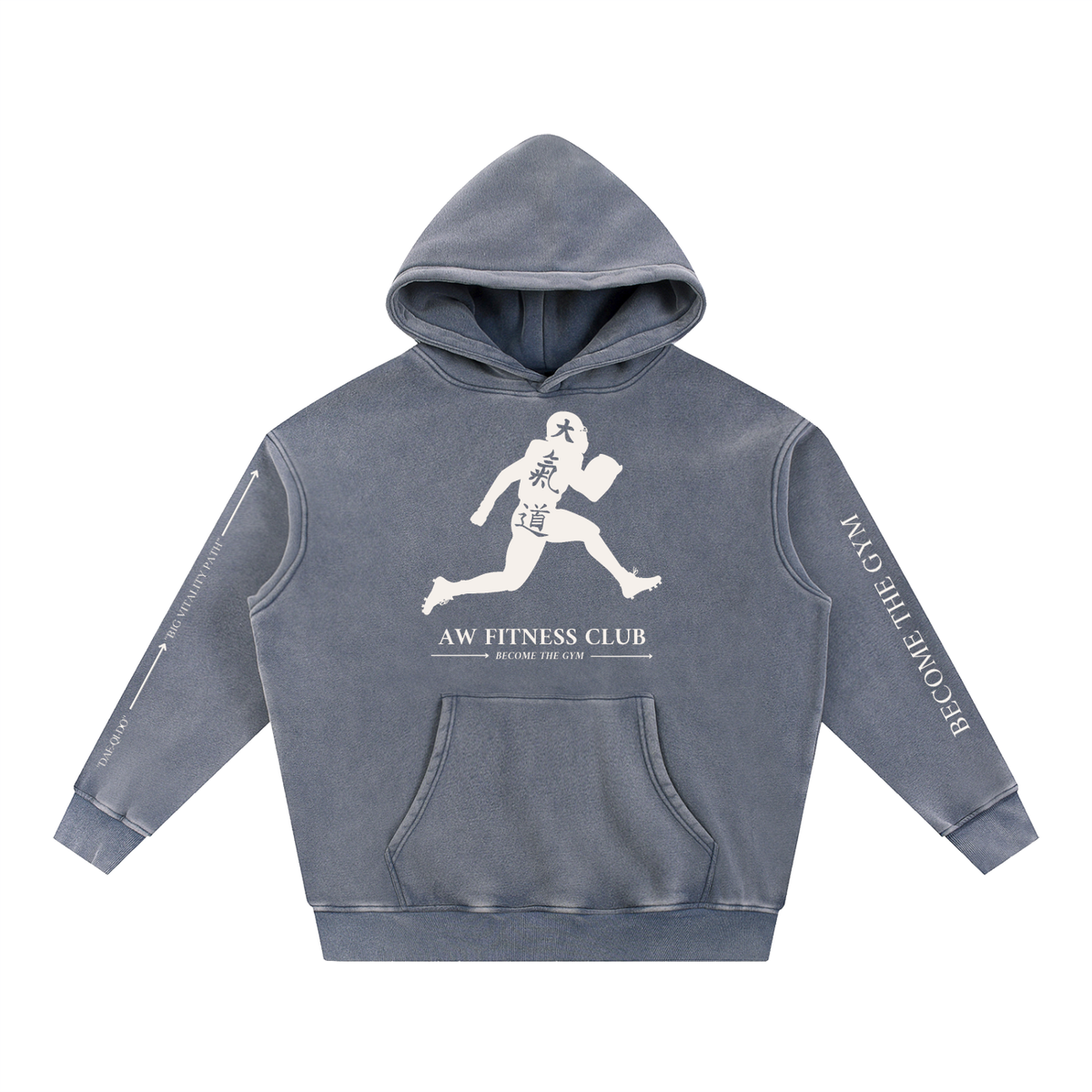 Runningman Snow Wash Hoodie in Slate, front, Runningman figure with the Daeqido characters 大氣道 on the chest over AW Fitness Club and Become the Gym, sleeve bands reading Become the Gym and Dae-Qi-Do to Big Vitality Path with the arrows pointing up
