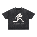 Runningman boxy tee in Black, front, AW Fitness Club runner lockup with the Become the Gym tagline