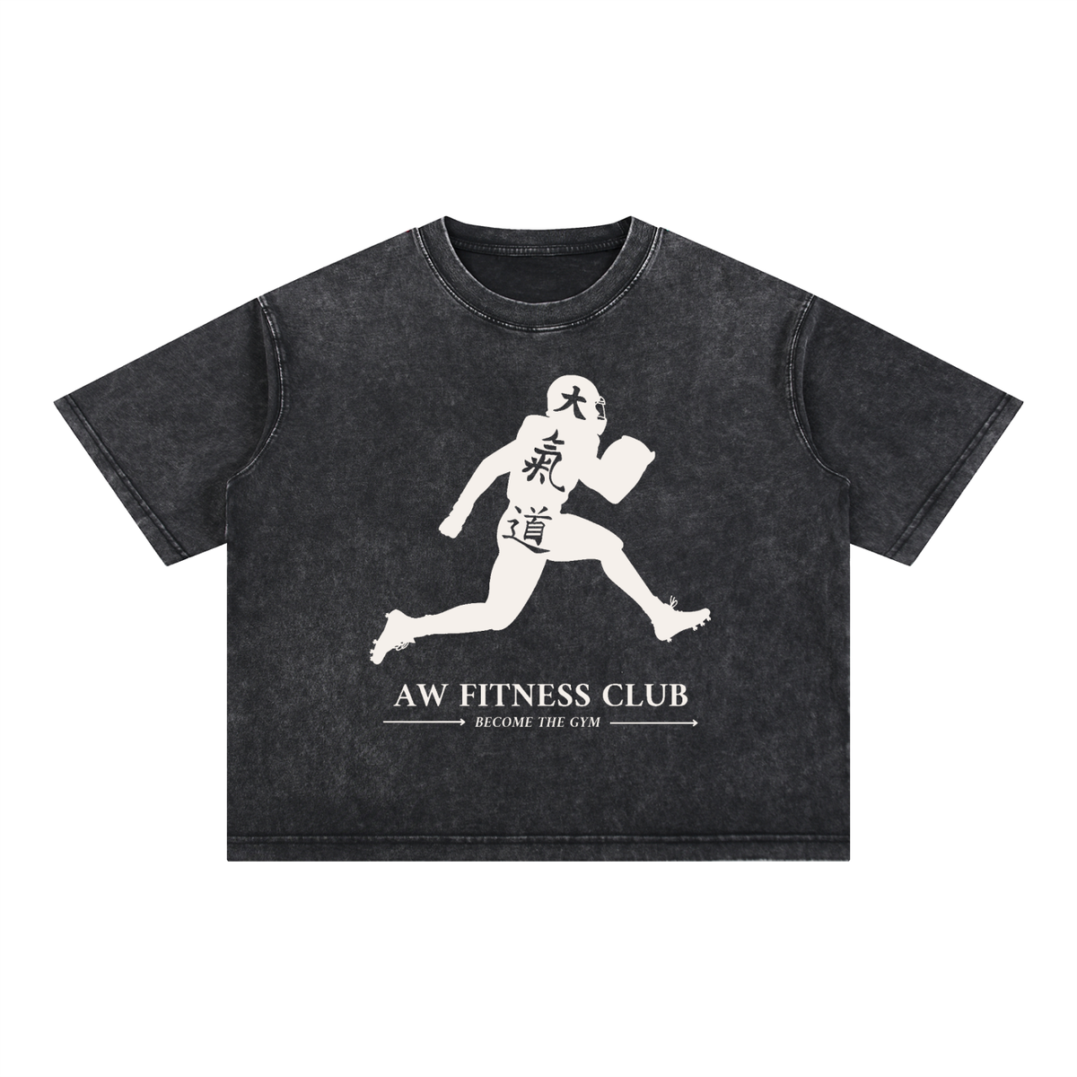 Runningman boxy tee in Black, front, AW Fitness Club runner lockup with the Become the Gym tagline