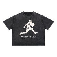 Runningman boxy tee in Black, front, AW Fitness Club runner lockup with the Become the Gym tagline