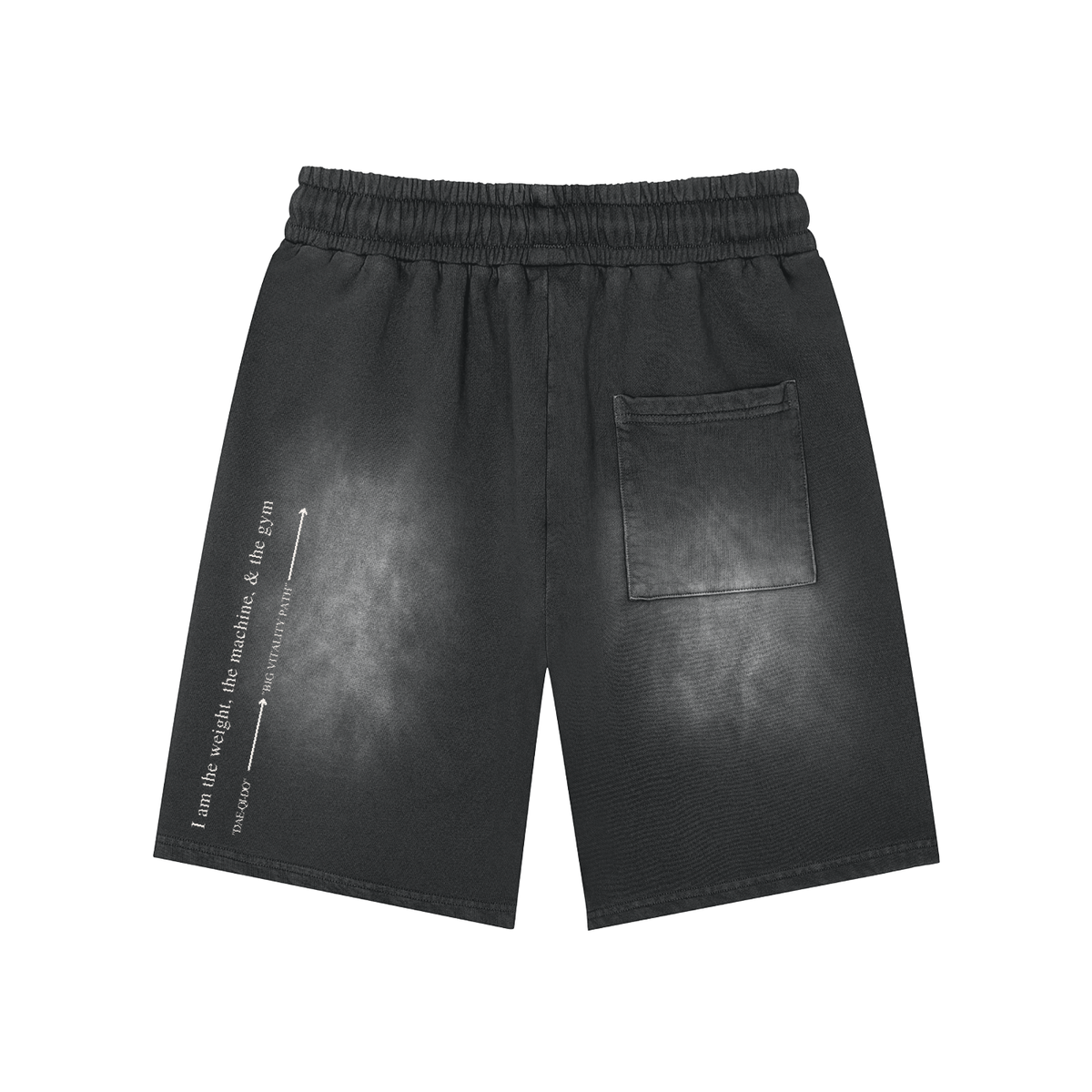 Runningman washed training shorts in Black, back, I am the weight, the machine, and the gym printed up the left leg
