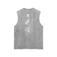 Runningman frayed hem tank in Light Gray, back, Dai Ki Do kanji with the Big Vitality Path translation down the right side
