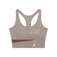 AW color block crop top in Gray Purple with Brick Red, front, AW monogram on the chest and the runner mark at the hem