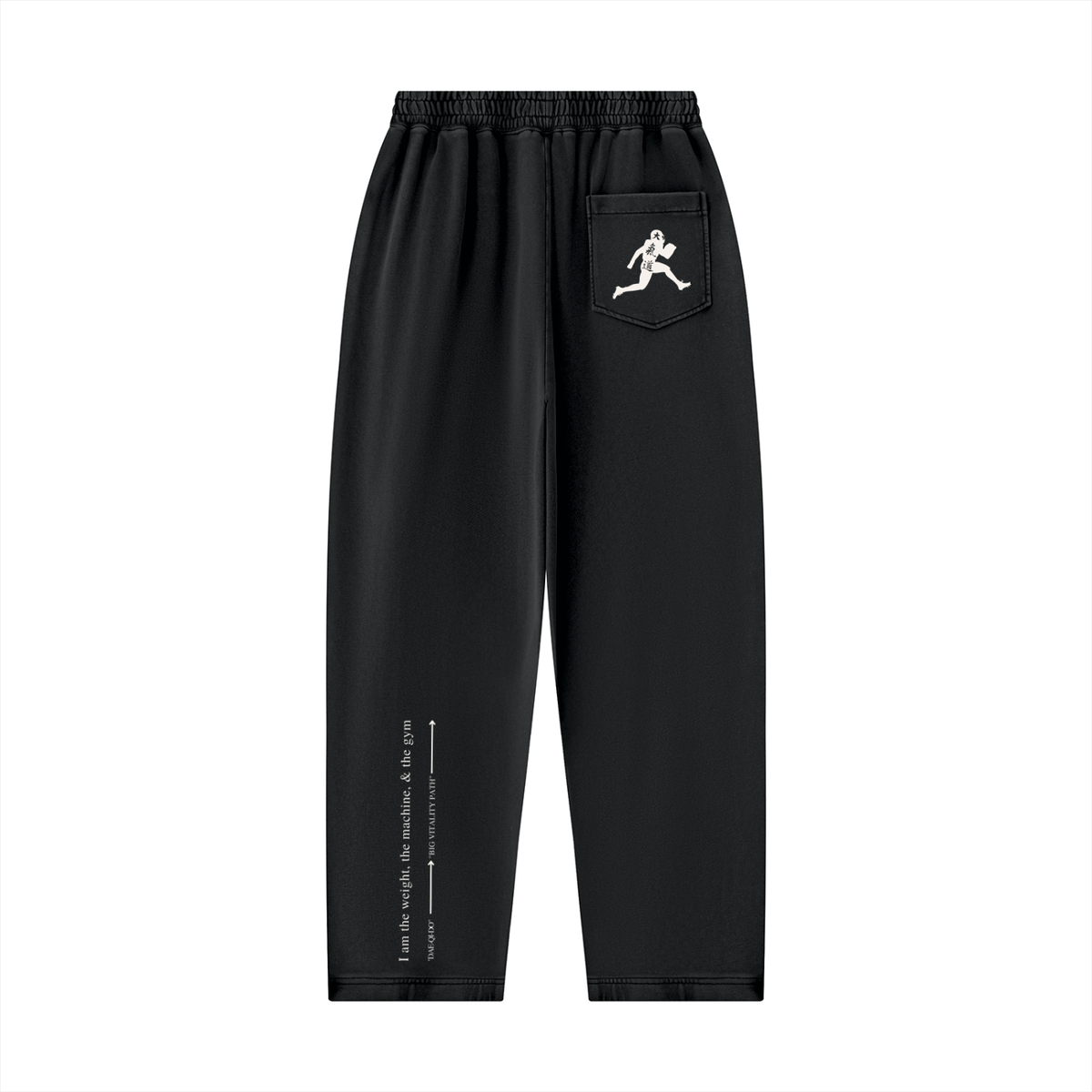 Runningman mineral wash sweatpants in Black, back, runner mark on the pocket and the I am the weight line up the left leg