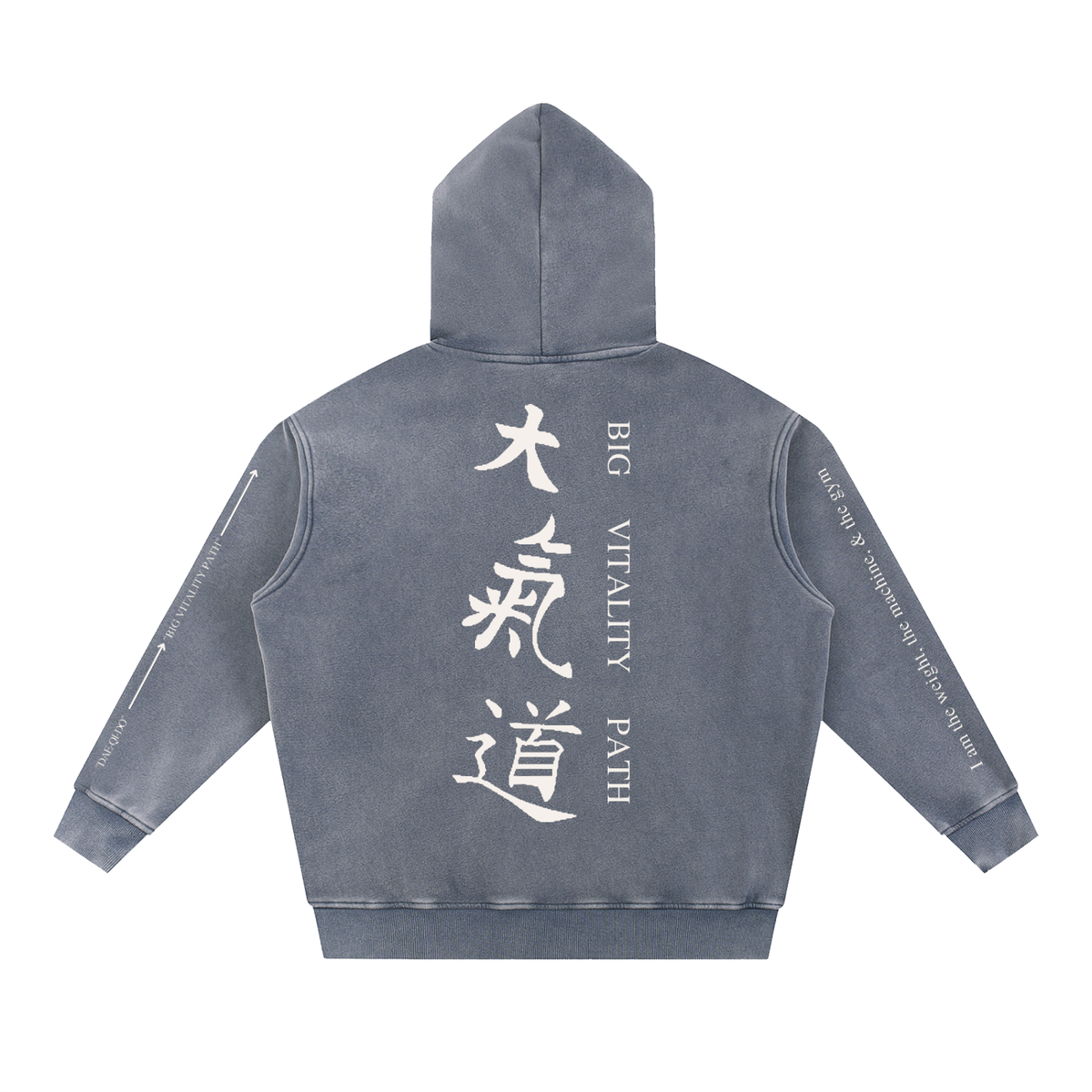 Runningman Snow Wash Hoodie in Slate, back, 大氣道 running down the back with Big Vitality Path alongside, sleeve bands reading I am the weight, the machine, & the gym and Dae-Qi-Do to Big Vitality Path