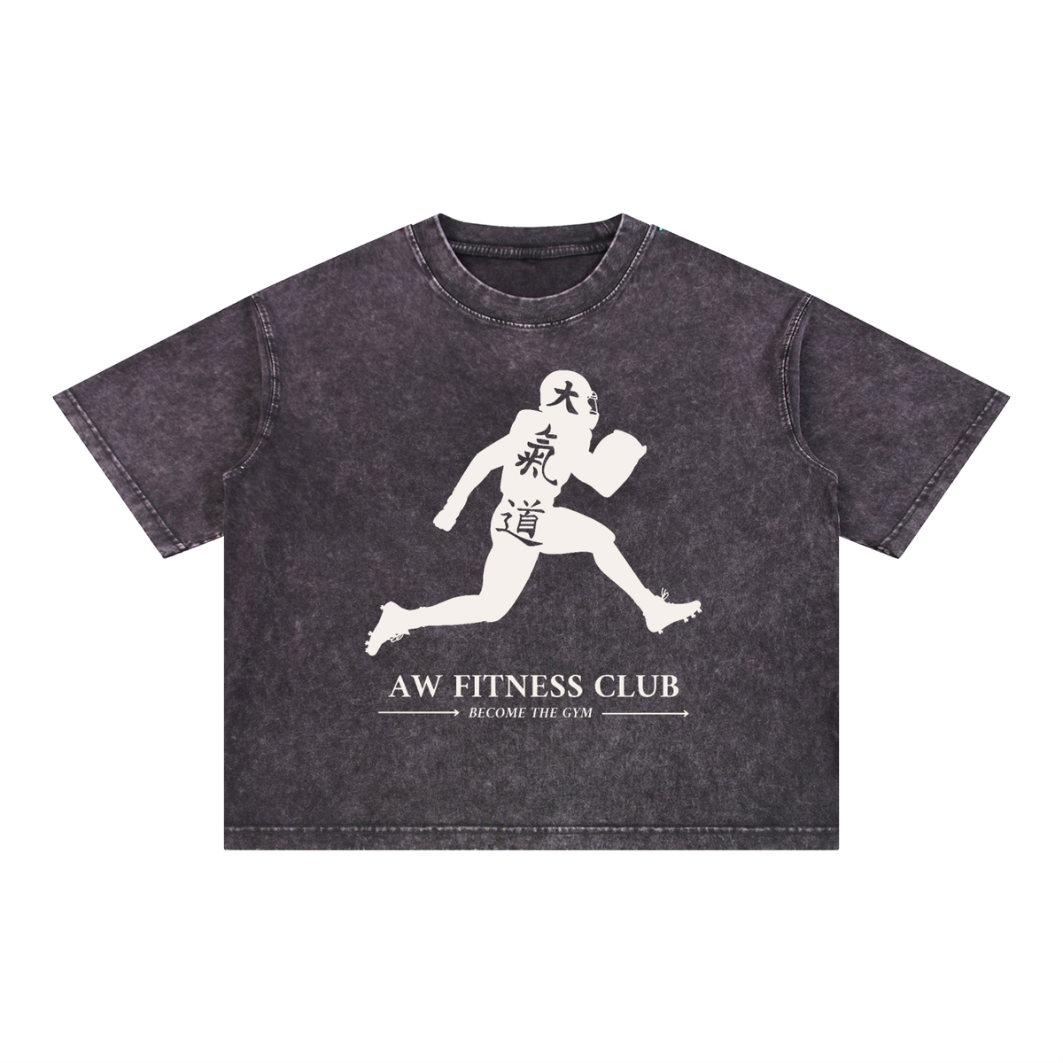 Runningman boxy tee in Dark Gray, front, AW Fitness Club runner lockup with the Become the Gym tagline