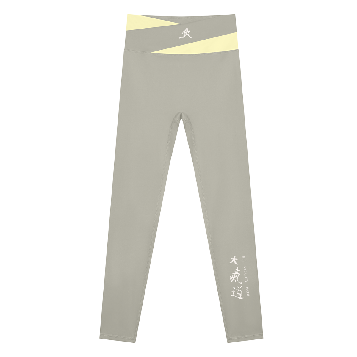 AW color block leggings in Light Gray with Light Yellow, front, runner mark at the waistband and Dai Ki Do kanji on the right leg