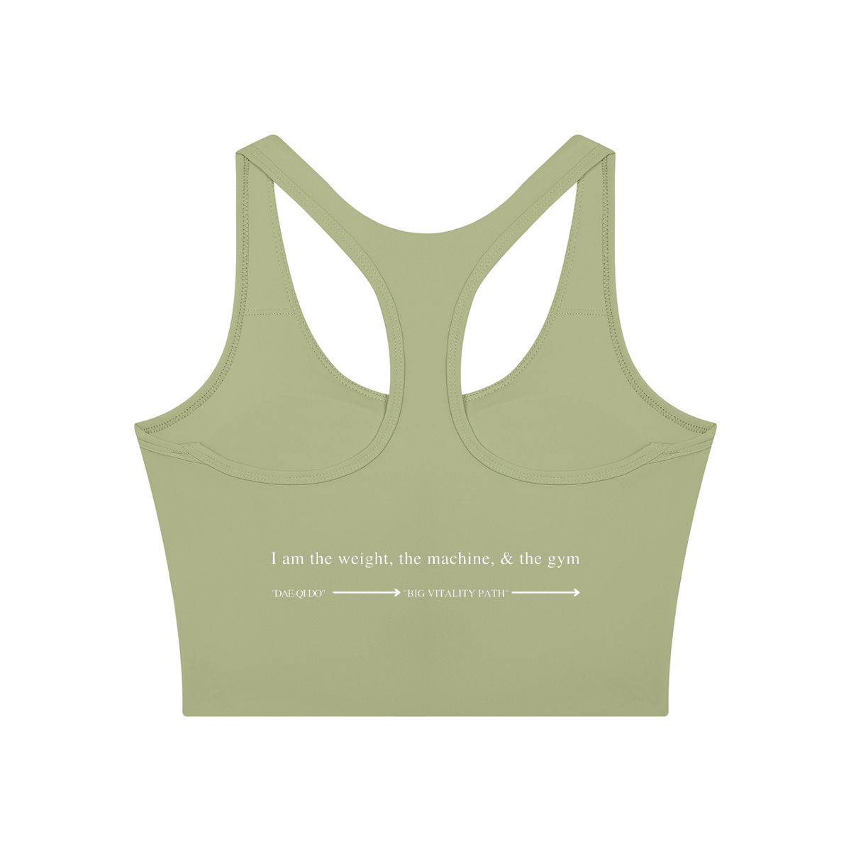 AW color block crop top in Green with Dark Gray, back, I am the weight, the machine, and the gym above the Dae-Qi-Do line